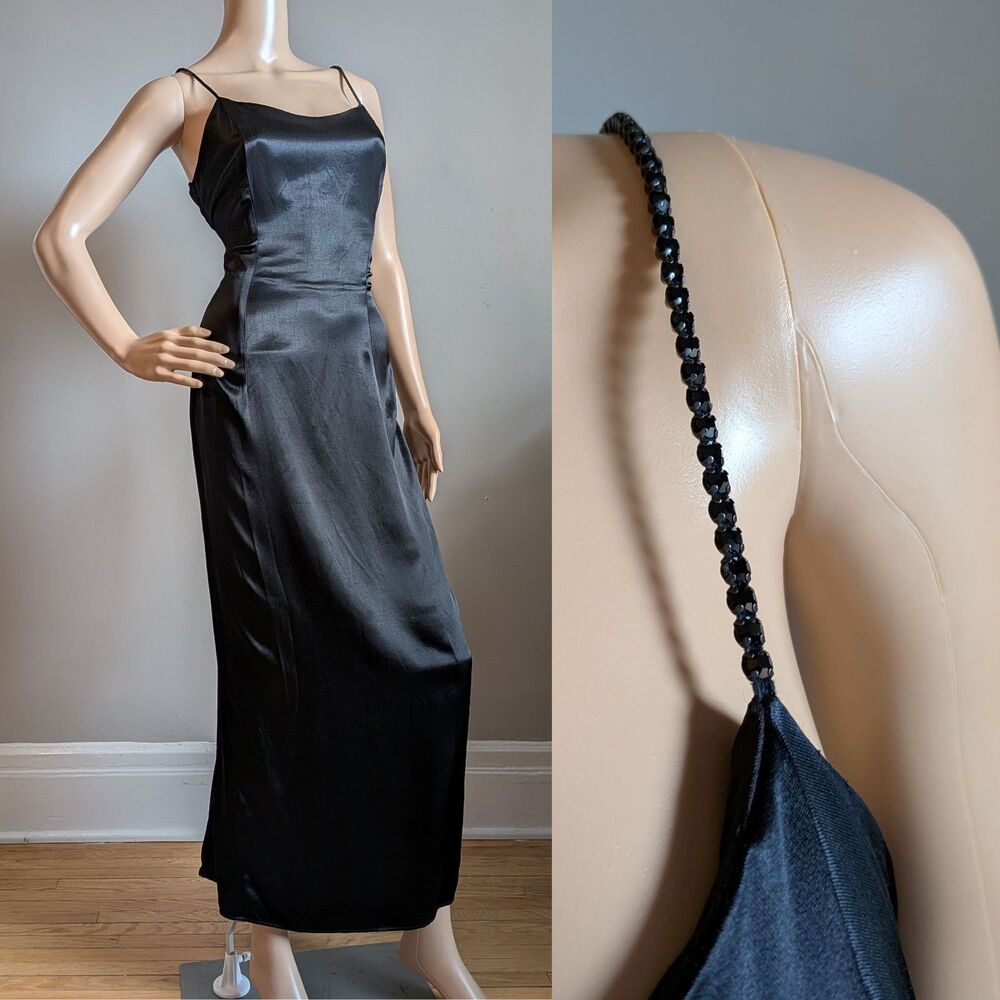 Vintage 90s JM for Gunne Sax Black Prom Gown Maxi Dress Jeweled Straps Size 11